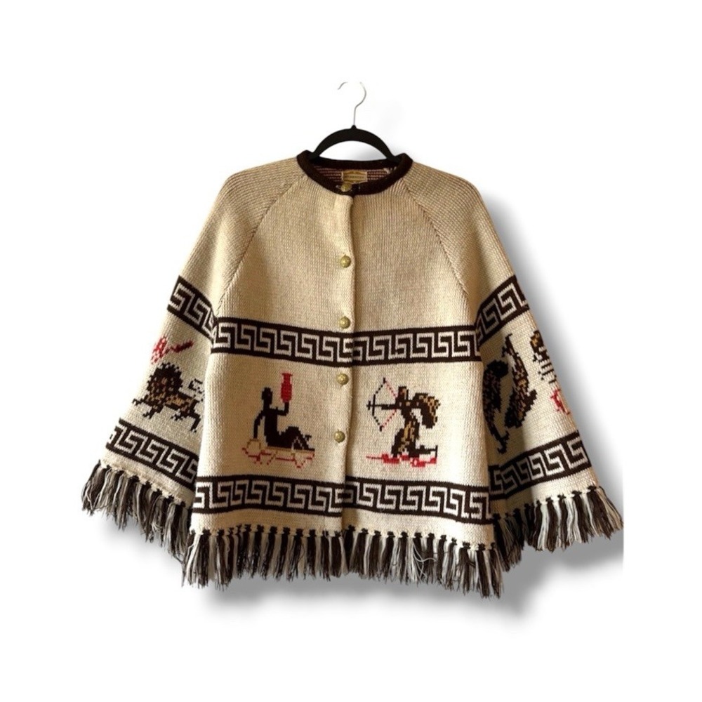 Sturbridge Vtg 1970s Greek Key Zodiac Sweater Fringe Cardigan Small Horoscope